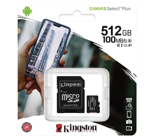 Карта памяти Kingston Canvas Select Plus 512 Гб microSDXC 100 МБ/с Class 10 UHS-I A1 SDCS2/512 Гб — купить в Москве