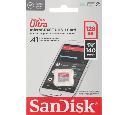 Карта памяти SanDisk Ultra microSDXC 128 Гб UHS-I Class 10 до 140 МБ/с SDSQUAB-128G-GN6MN — купить в Москве