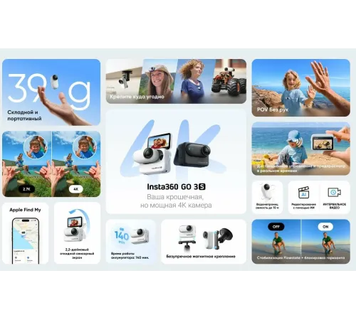 Экшн-камера Insta 360 GO 3S 128 Gb, черный — купить в Москве