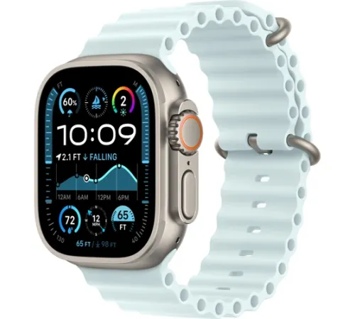 Смарт-часы Apple Watch Ultra 2 2024, 49 мм, LTE, Natural Titanium Case with Ice Blue Ocean Band, титан серый с голубым ремешком — купить в Москве