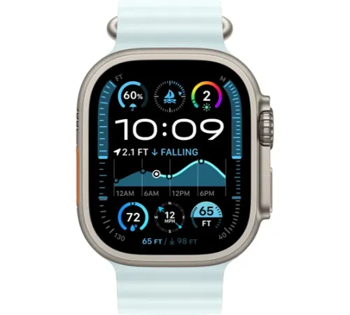 Смарт-часы Apple Watch Ultra 2 2024, 49 мм, LTE, Natural Titanium Case with Ice Blue Ocean Band, титан серый с голубым ремешком — купить в Москве